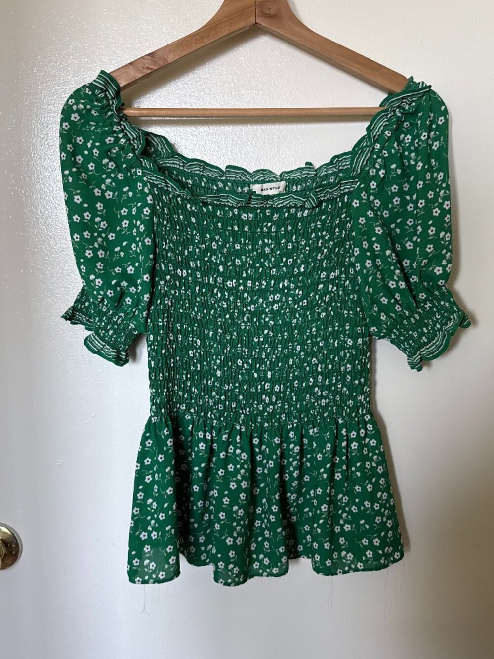 Max Studio Green Ditsy Floral Peplum Puff Sleeve‎ Top XS